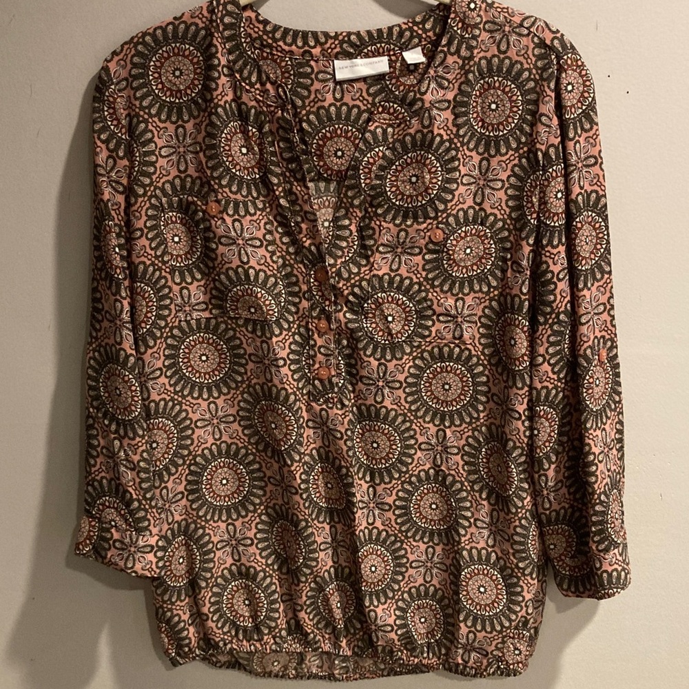 New York & Company Pink and Black Patterned Blouse